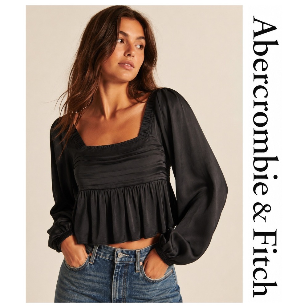 Abercrombie & Fitch Emerson Top Black Satin Babydoll Peplum Long Sleeve S